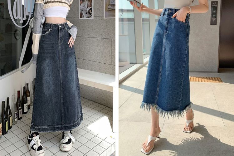 chân váy jean dáng dài